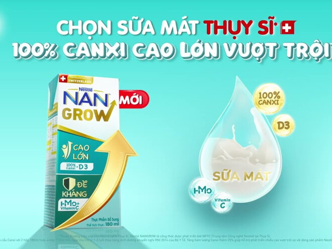 KHÁM PHÁ NGAY NANGROW MỚI - SỮA MÁT THỤY SĨ VỚI 100% CANXI VÀ VITAMIN D3 CHO CON CAO LỚN VƯỢT TRỘI